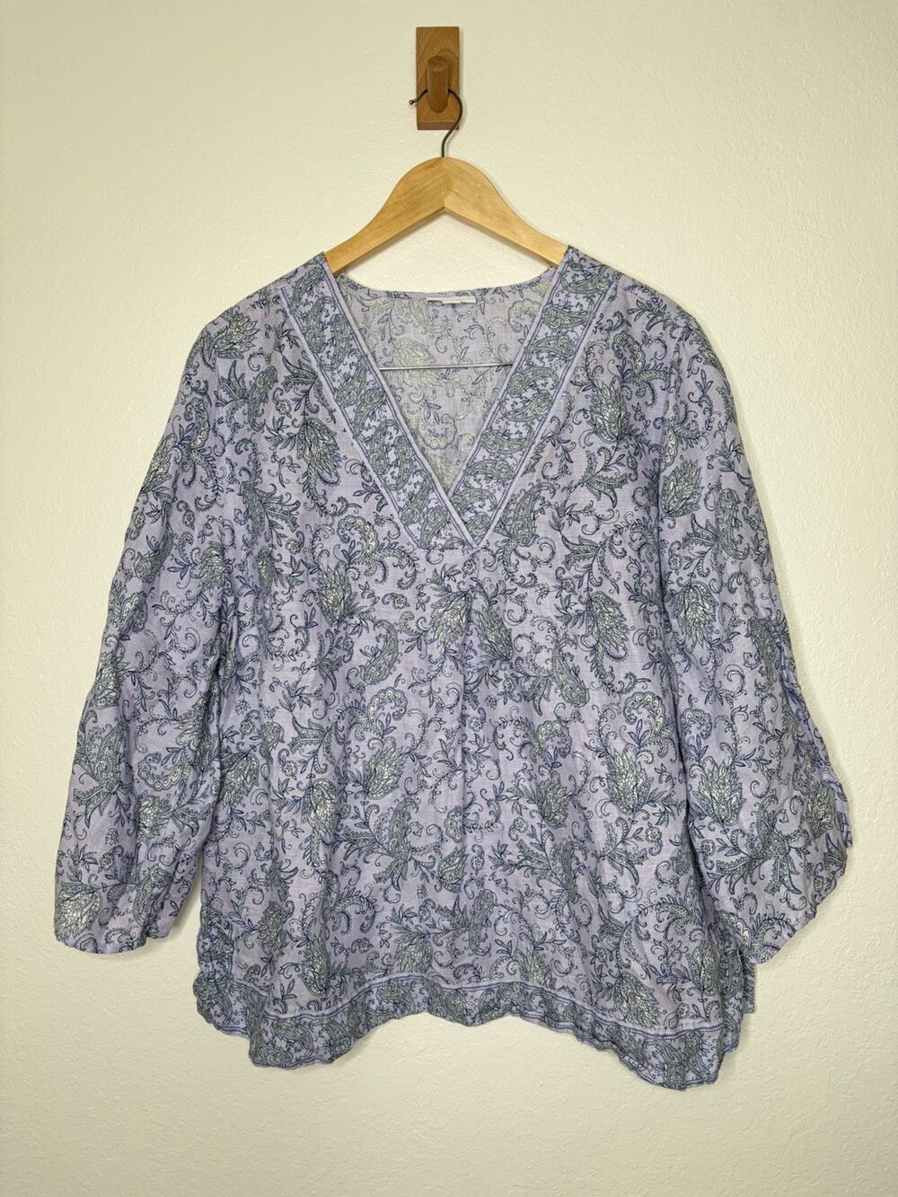 J. Jill Love Linen Paisley V-Neck Tunic Blouse Lavender Purple Blue Size XL Boho